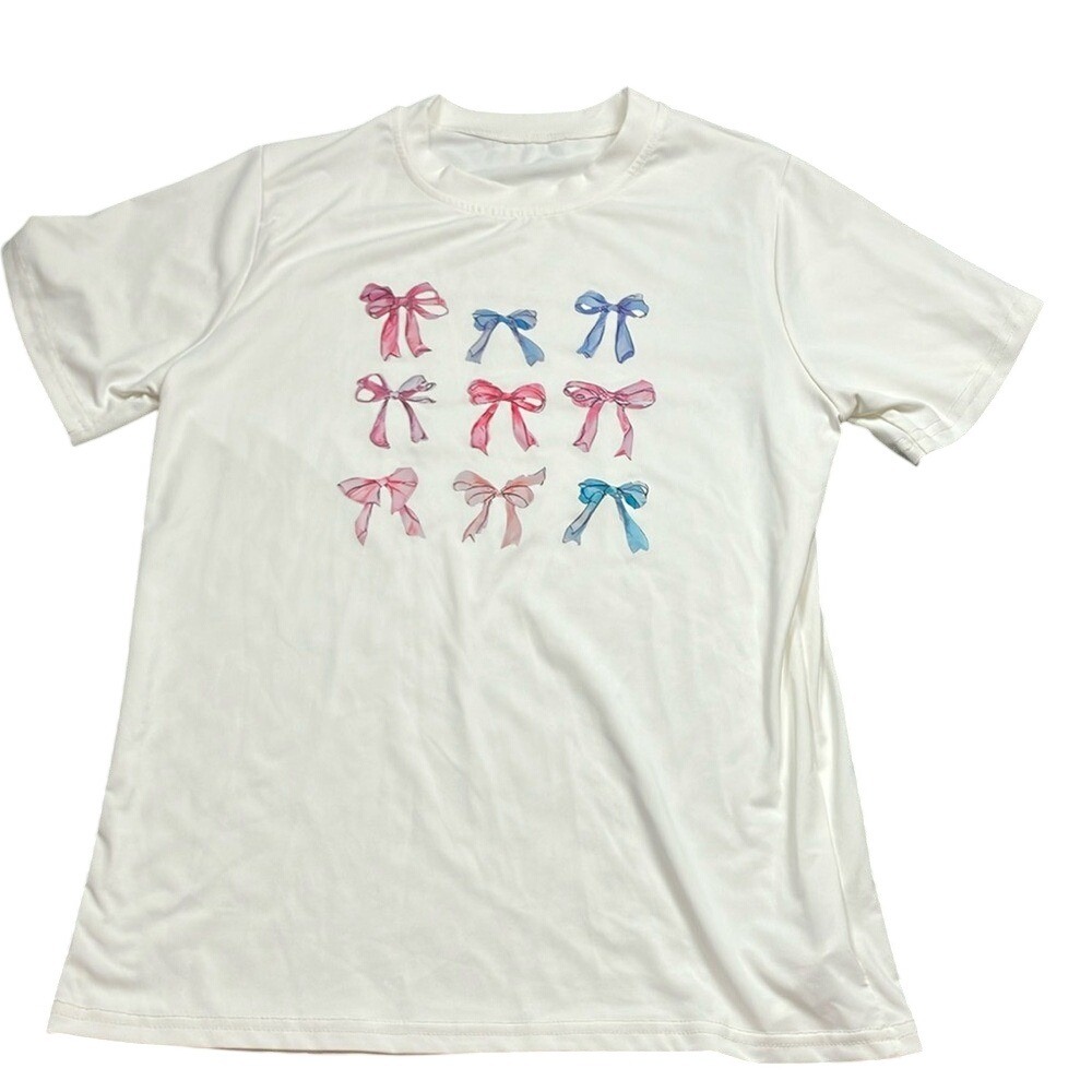 Girls White Tee with Pink and Blue Bow Pattern Size 13Y